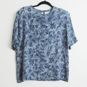 Jaclyn Smith Classics Blue Floral Print Top Sz M